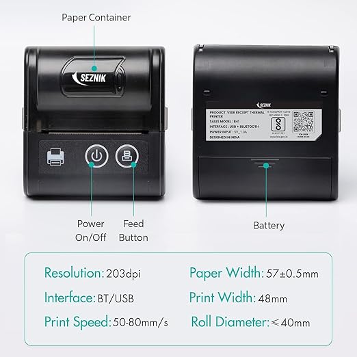 Bluetooth+USB Thermal Receipt Printer 58 mm | Rechargeable Inkless | Mobile, Desktop Compatible | 1 Year Warranty (Veer - Receipt Printer)