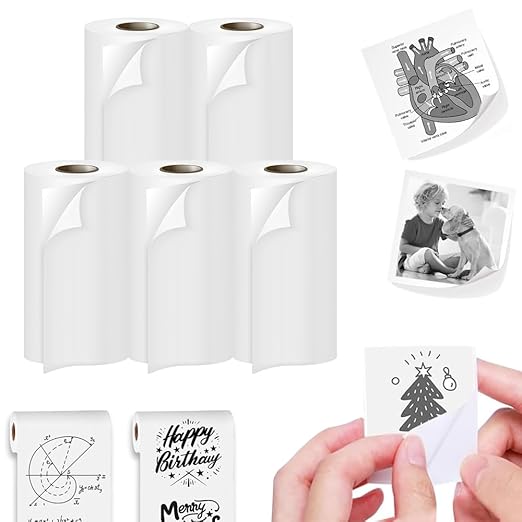 Sticky Adhesive Thermal Paper Rolls, Continuous 57mm Width Thermal Paper, 2 inch Thermal Paper for Mini Thermal Printer (White-57mm Width - Continuous Sticky Roll-Pack of 5)
